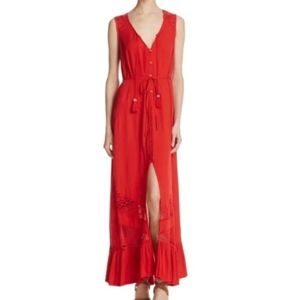 Band of Gypsies Red Ruffled Tie Front Maxi Dress